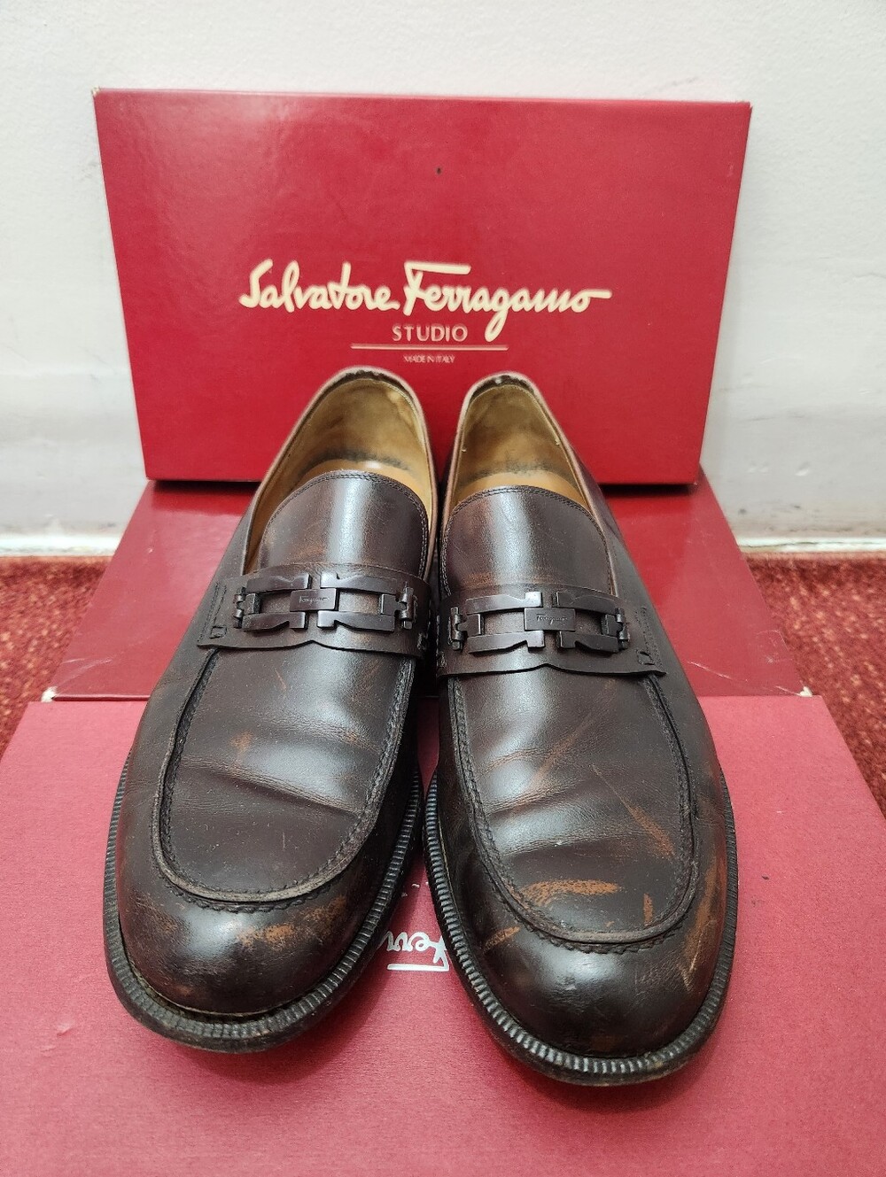 Salvatore Ferragamo Studio Men's Brown Leather Gancini Bit Loafers Shoes Size 13